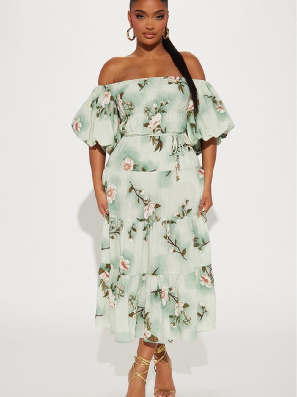 Green tiered midi dress off shoulder puff sleeve fairy milkmaid cottage feminine